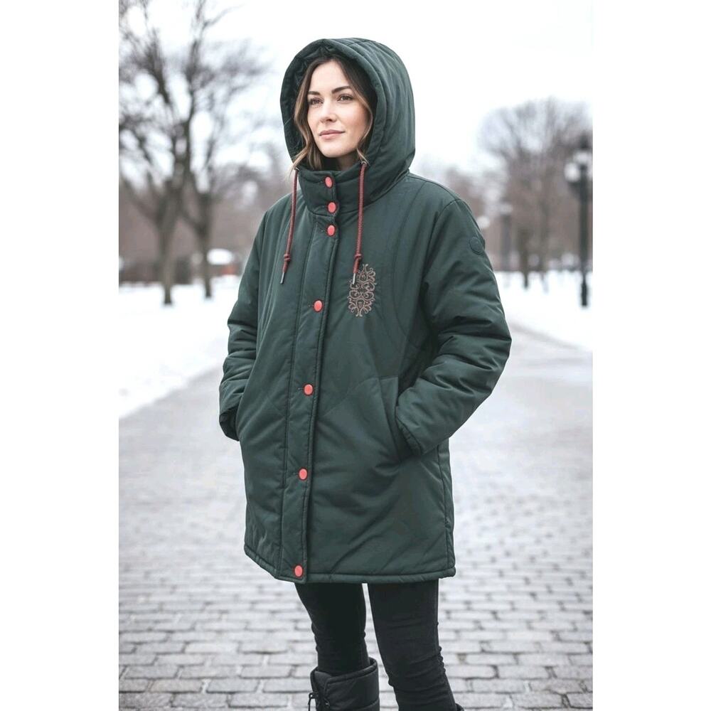 British Mist Hood Puffer Winter Coat M Green Embroidered Grannycore Cottage Gorp
